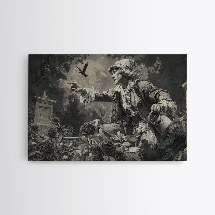 The Graveyard Gardener, Symbolist Etching Art, Landscape Wall Art, Dark Halloween Decor, Canvas Print, Halloween Wall Art
