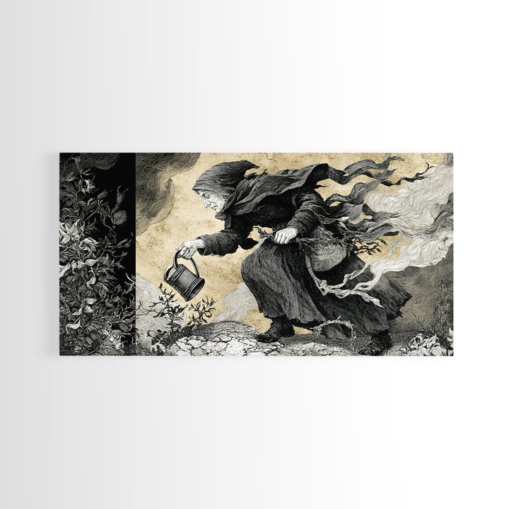 The Graveyard Gardener, Expressionist Nightmare Art, Wide Panoramic Art, Dark Fantasy Wall Art, Framed Canvas Print, Halloween Wall Art