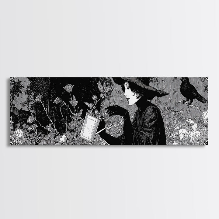 The Graveyard Gardener, Decadent Line Art, Extra Wide Wall Art, Gothic Horror Wall Art, Framed Canvas Print, Halloween Wall Art