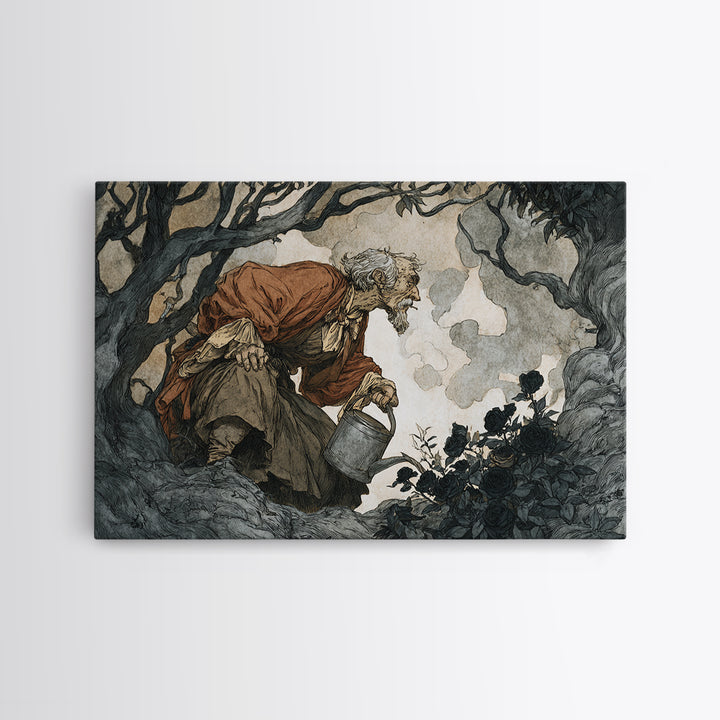 The Graveyard Gardener, Gothic Storybook Art, Landscape Wall Art, Dark Fantasy Wall Art, Canvas Print, Halloween Wall Art