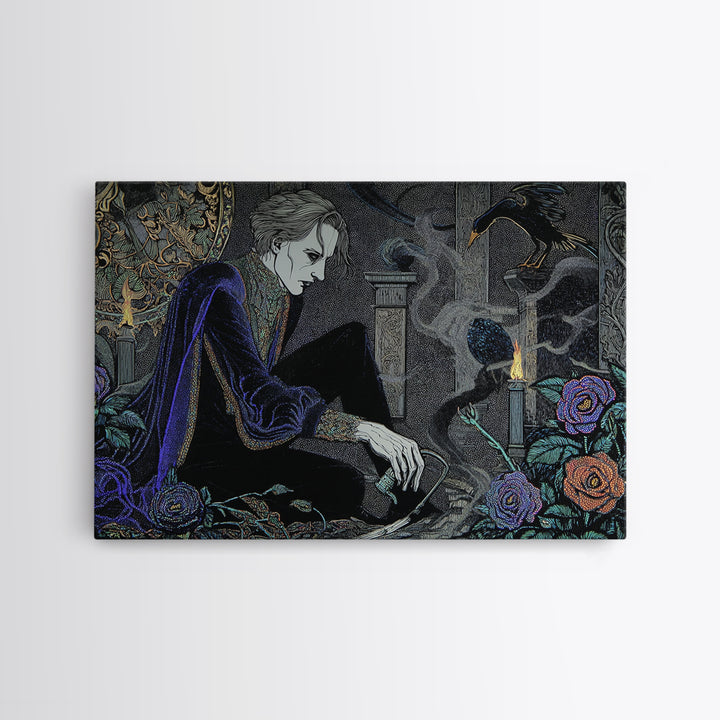 The Graveyard Gardener, Stained Glass Gothic Art, Landscape Wall Art, Macabre Wall Art, Framed Canvas Print, Halloween Wall Art
