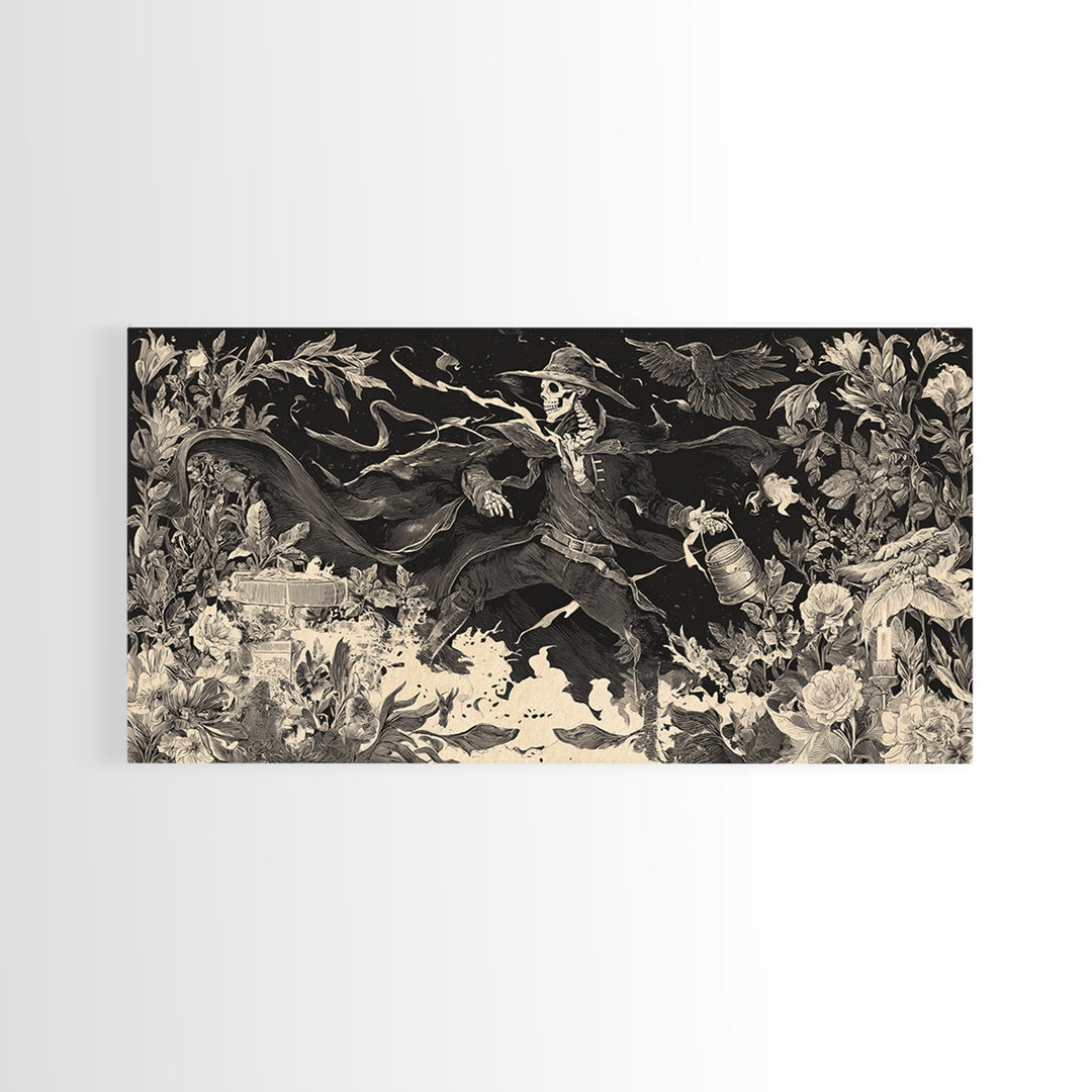 The Graveyard Gardener, Macabre Folk Print Art, Wide Panoramic Art, Macabre Wall Art, Framed Canvas Print, Halloween Wall Art