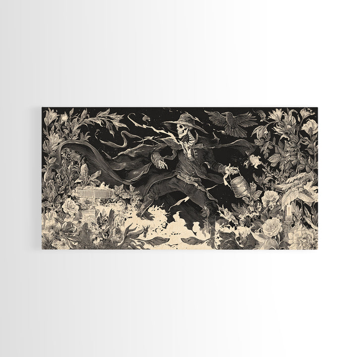 The Graveyard Gardener, Macabre Folk Print Art, Wide Panoramic Art, Macabre Wall Art, Framed Canvas Print, Halloween Wall Art