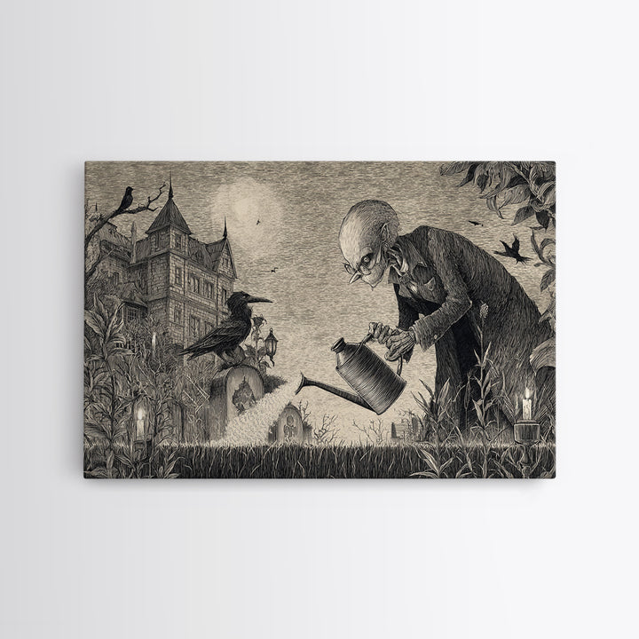 The Graveyard Gardener, Victorian Macabre Art, Landscape Wall Art, Dark Halloween Decor, Framed Canvas Print, Halloween Wall Art