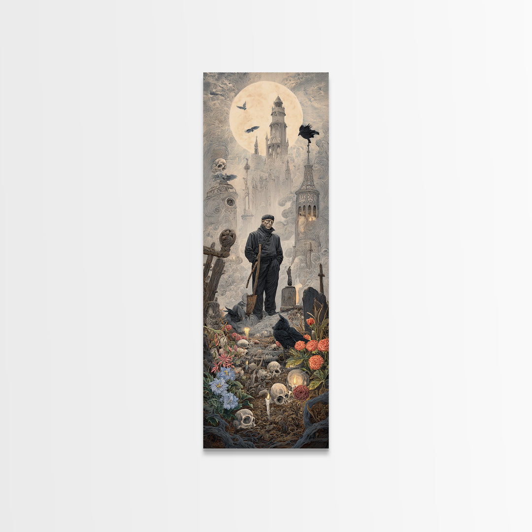 The Graveyard Gardener, Surreal Apocalyptic Art, Tall Narrow Wall Art, Dark Halloween Decor, Canvas Print, Halloween Wall Art