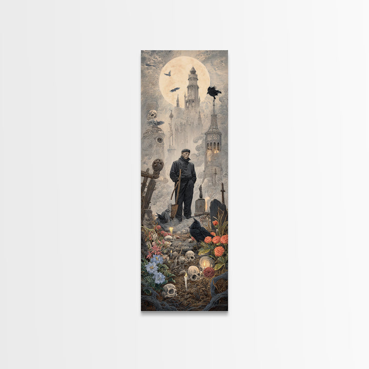 The Graveyard Gardener, Surreal Apocalyptic Art, Tall Narrow Wall Art, Dark Halloween Decor, Canvas Print, Halloween Wall Art