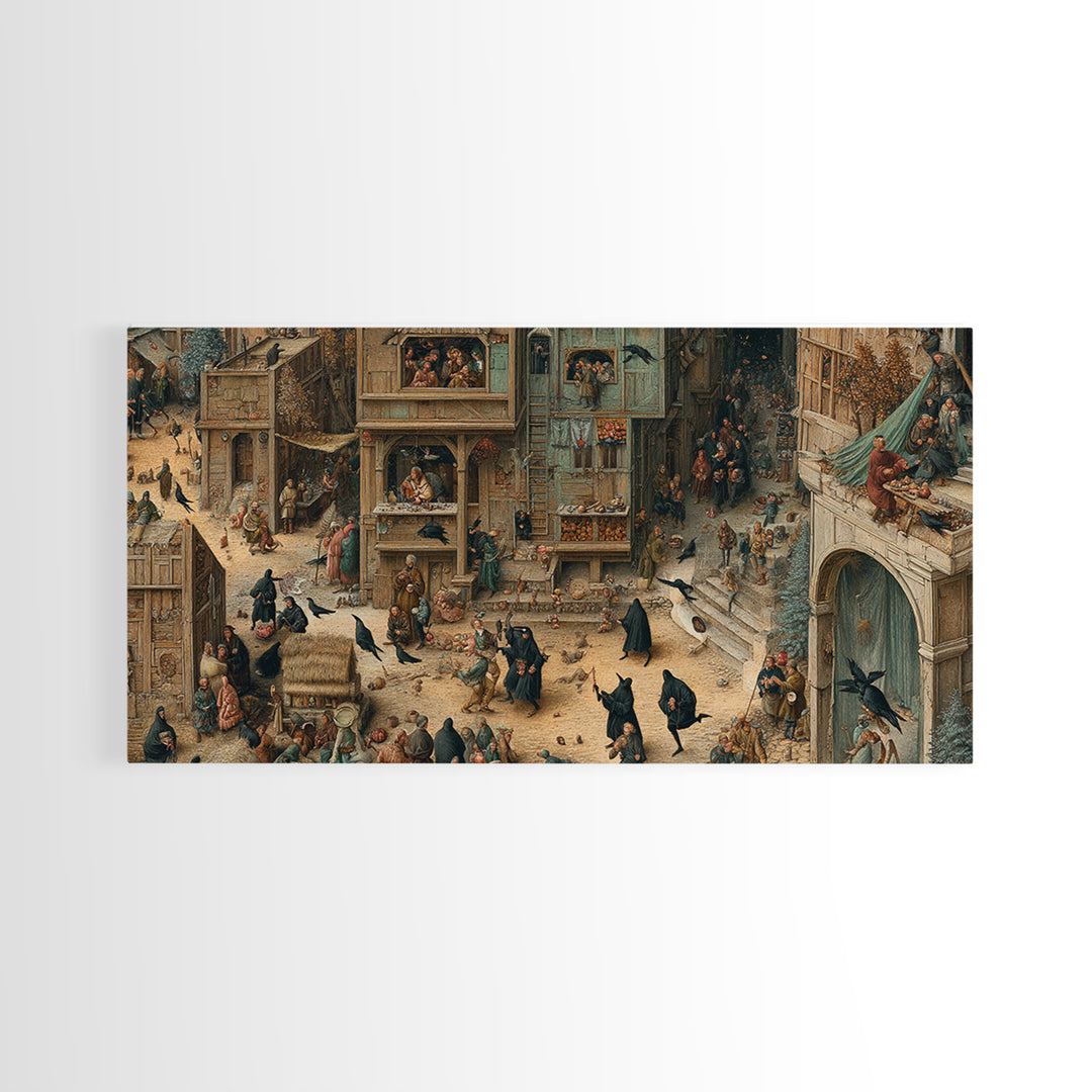 The Crow-Masked Assassin, Northern Renaissance Horror, Wide Panoramic Art, Macabre Wall Art, Framed Canvas Print