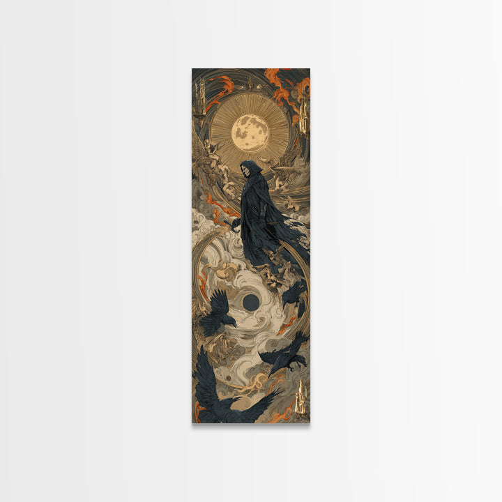 The Crow-Masked Assassin, Visionary Gothic Art, Tall Narrow Wall Art, Dark Halloween Decor, Framed Canvas Print, Halloween Wall Art