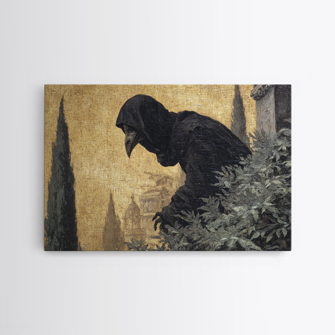 The Crow-Masked Assassin, Symbolist Gothic Landscape, Landscape Wall Art, Dark Halloween Decor, Framed Canvas Print, Halloween Wall Art