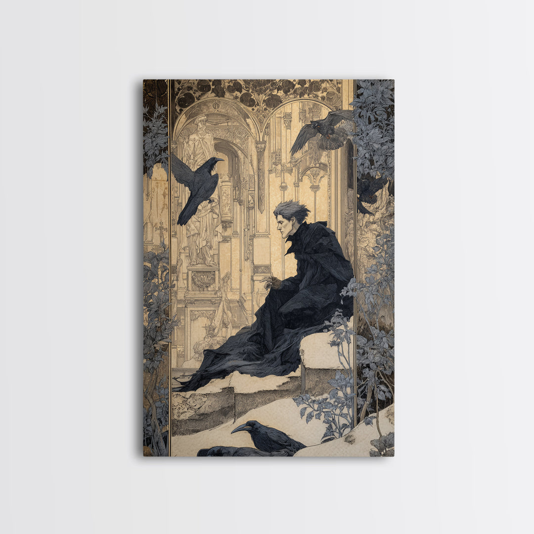 The Crow-Masked Assassin, Symbolist Death Art, Vertical Wall Art, Macabre Wall Art, Framed Canvas Print, Halloween Wall Art