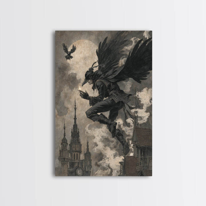 The Crow-Masked Assassin, Dark Symbolist Art, Vertical Wall Art, Macabre Wall Art, Canvas Print, Halloween Wall Art