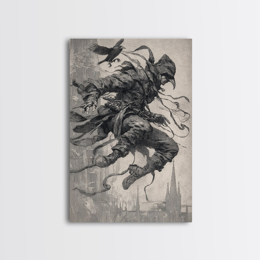 The Crow-Masked Assassin, Symbolist Etching Art, Vertical Wall Art, Dark Halloween Decor, Canvas Print, Halloween Wall Art