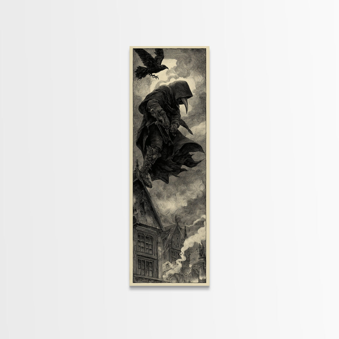 The Crow-Masked Assassin, Expressionist Nightmare Art, Tall Narrow Wall Art, Macabre Wall Art, Framed Canvas Print, Halloween Wall Art