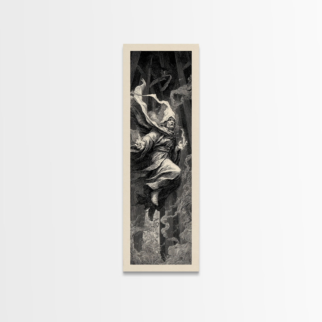 The Lantern Mage, Gothic Engraving Art, Tall Narrow Wall Art, Macabre Wall Art, Framed Canvas Print, Halloween Wall Art