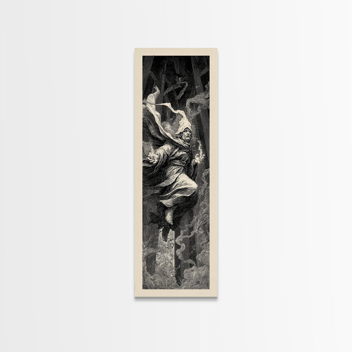 The Lantern Mage, Gothic Engraving Art, Tall Narrow Wall Art, Macabre Wall Art, Framed Canvas Print, Halloween Wall Art