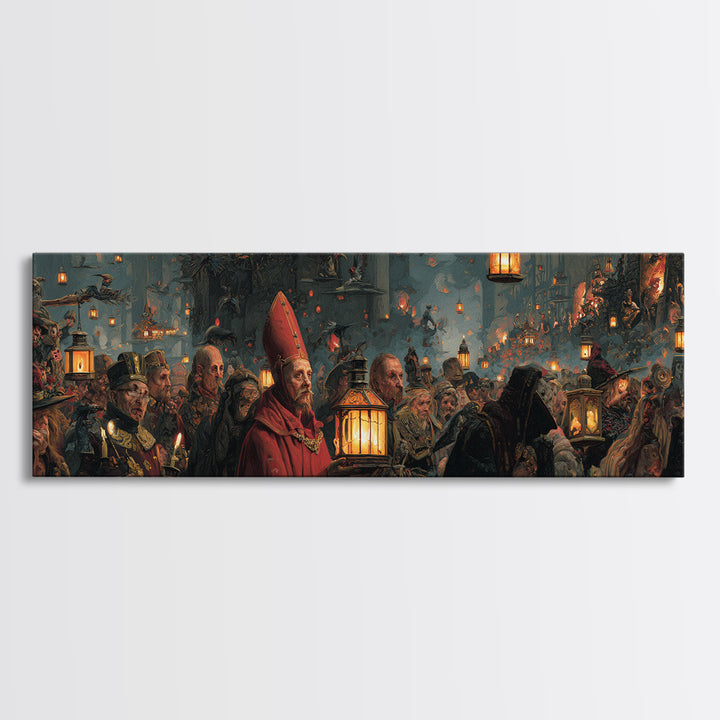 The Lantern Mage, Medieval Grotesque Art, Extra Wide Wall Art, Dark Fantasy Wall Art, Canvas Print, Halloween Wall Art