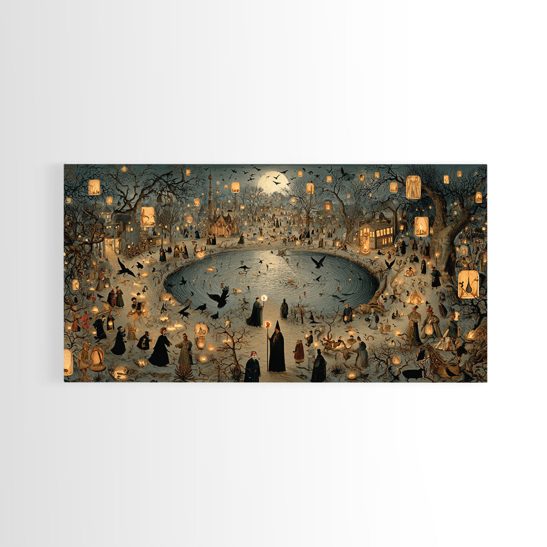 The Lantern Mage, Northern Renaissance Horror, Wide Panoramic Art, Dark Halloween Decor, Canvas Print, Halloween Wall Art