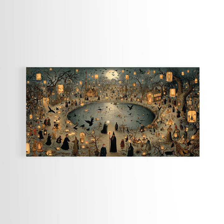 The Lantern Mage, Northern Renaissance Horror, Wide Panoramic Art, Dark Halloween Decor, Canvas Print, Halloween Wall Art