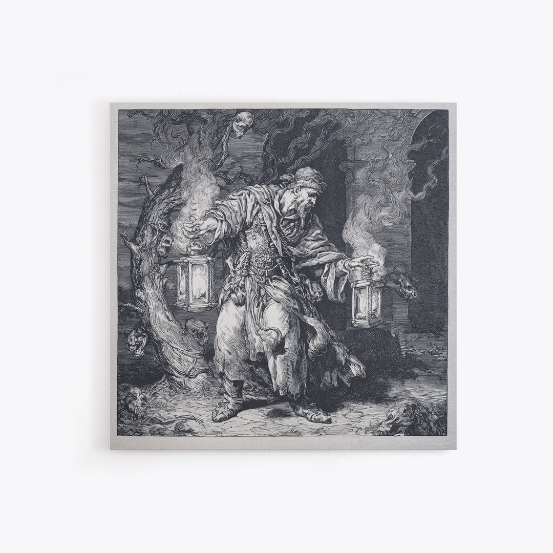The Lantern Mage, Renaissance Engraving Art, Square Wall Art, Dark Halloween Decor, Canvas Print, Halloween Wall Art