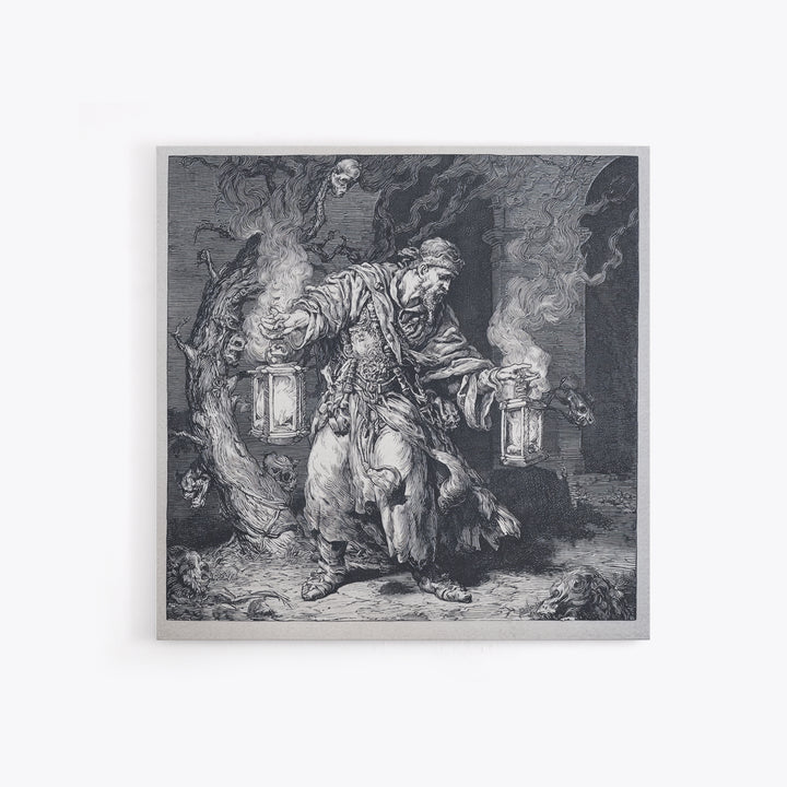The Lantern Mage, Renaissance Engraving Art, Square Wall Art, Dark Halloween Decor, Canvas Print, Halloween Wall Art