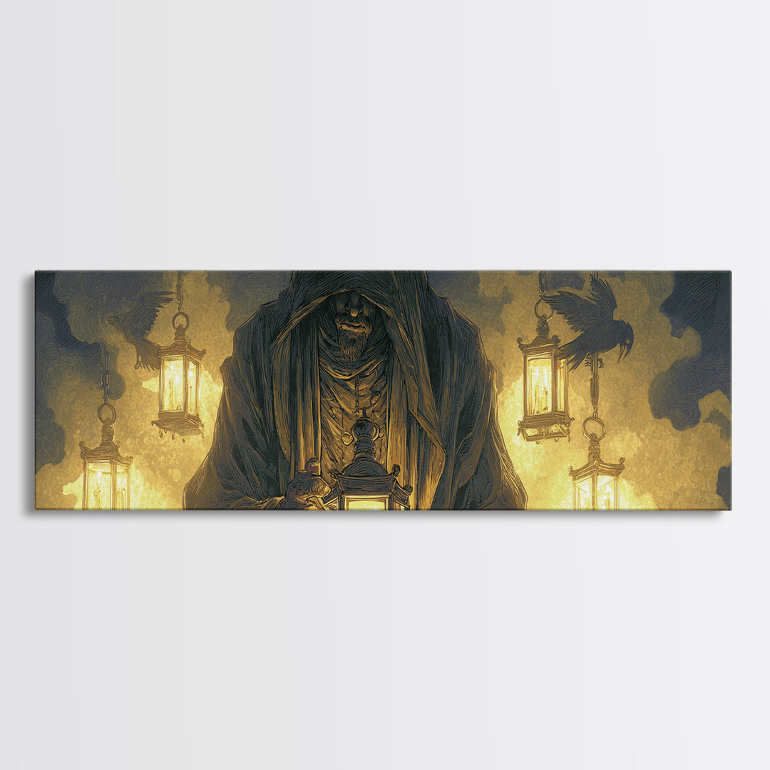 The Lantern Mage, Visionary Gothic Art, Extra Wide Wall Art, Dark Fantasy Wall Art, Framed Canvas Print, Halloween Wall Art