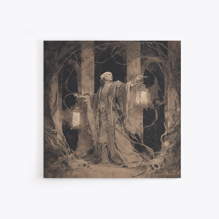 The Lantern Mage, Decadent Gothic Art, Square Wall Art, Macabre Wall Art, Canvas Print, Halloween Wall Art, Seasonal Home Decor