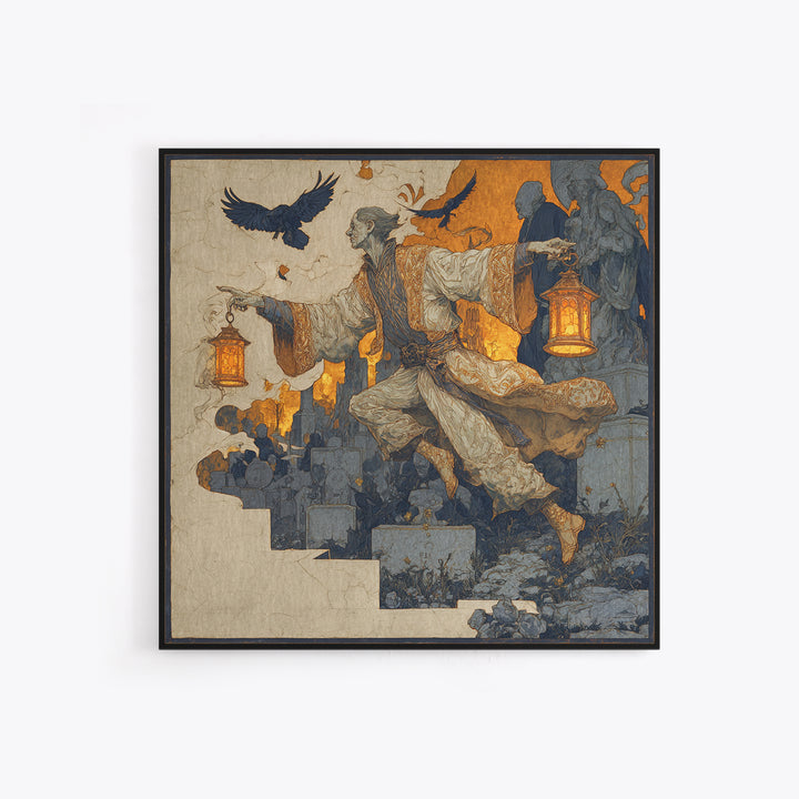 The Lantern Mage, Symbolist Death Art, Square Wall Art, Macabre Wall Art, Framed Canvas Print, Halloween Wall Art, Halloween Decor