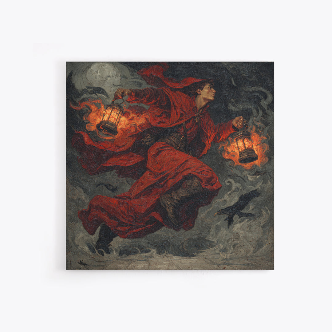 The Lantern Mage, Dark Symbolist Art, Square Wall Art, Dark Halloween Decor, Framed Canvas Print, Halloween Wall Art