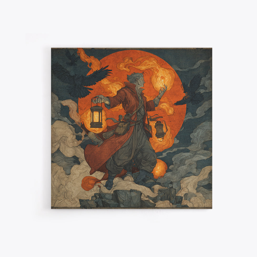 The Lantern Mage, Symbolist Etching Art, Square Wall Art, Gothic Horror Wall Art, Canvas Print, Halloween Wall Art, Gothic Home Decor