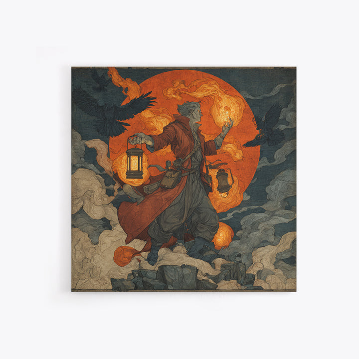 The Lantern Mage, Symbolist Etching Art, Square Wall Art, Gothic Horror Wall Art, Canvas Print, Halloween Wall Art, Gothic Home Decor