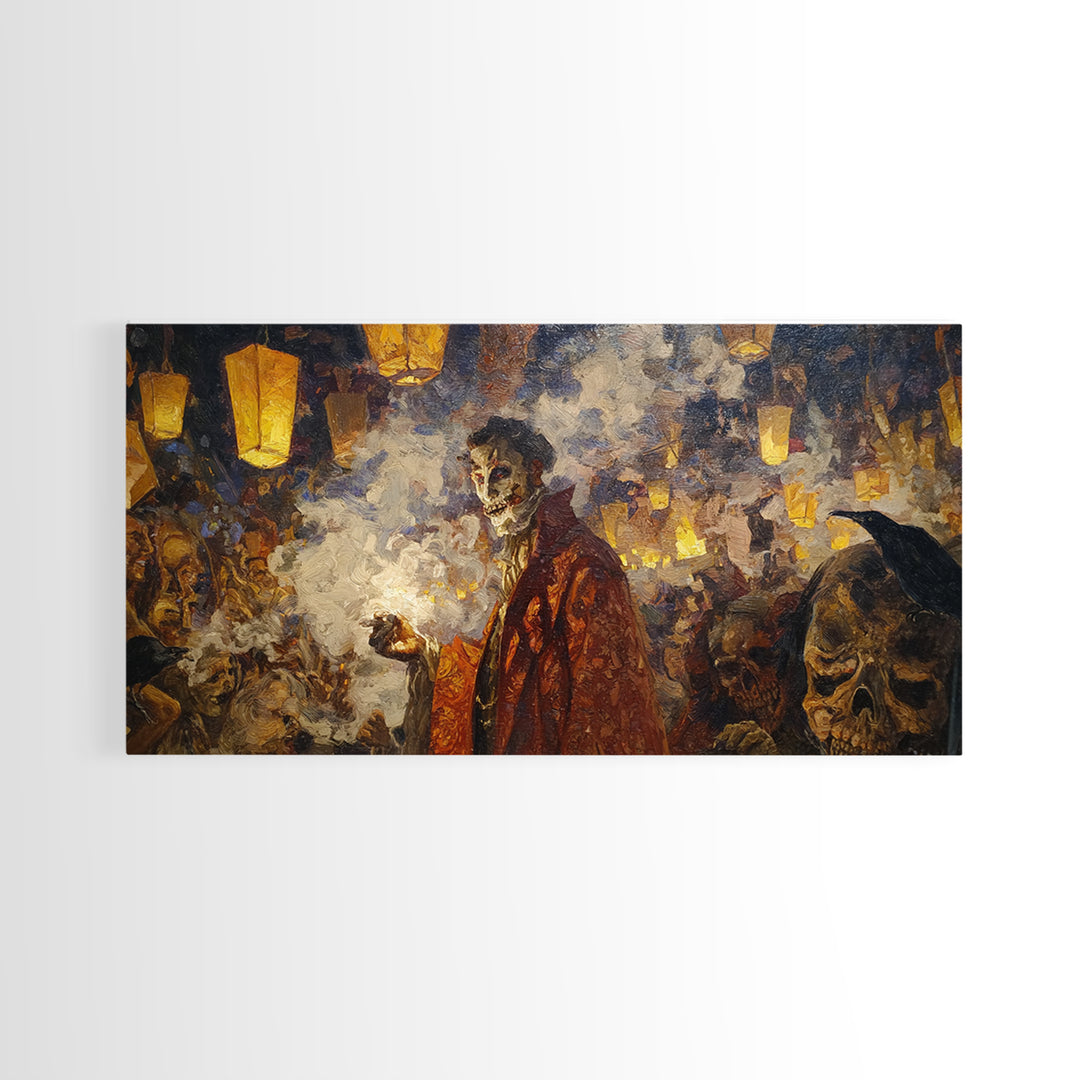 The Lantern Mage, Grotesque Carnival Art, Wide Panoramic Art, Dark Halloween Decor, Framed Canvas Print, Halloween Wall Art