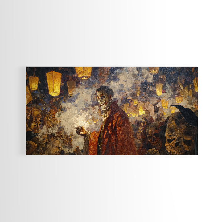 The Lantern Mage, Grotesque Carnival Art, Wide Panoramic Art, Dark Halloween Decor, Framed Canvas Print, Halloween Wall Art