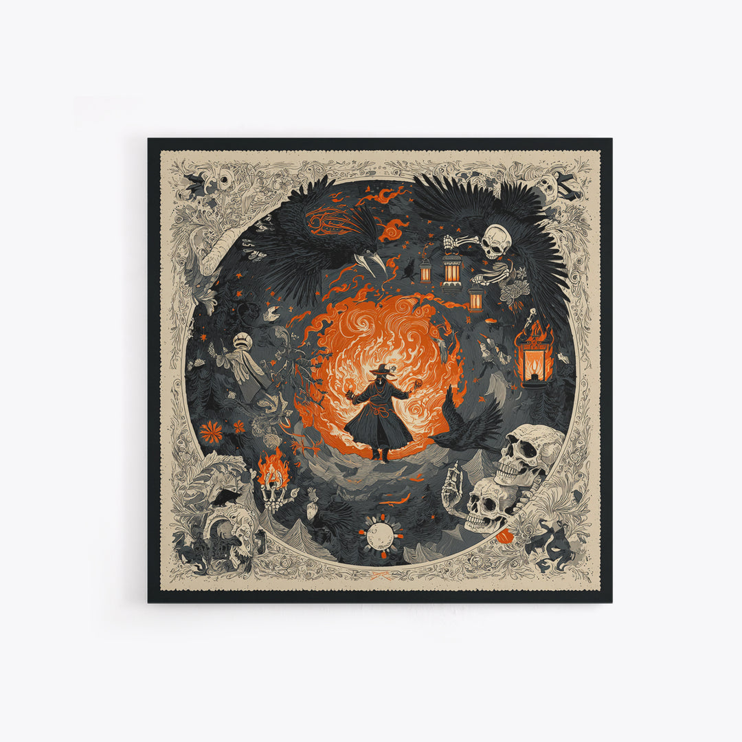 The Lantern Mage, Macabre Folk Print Art, Square Wall Art, Dark Fantasy Wall Art, Framed Canvas Print, Halloween Wall Art