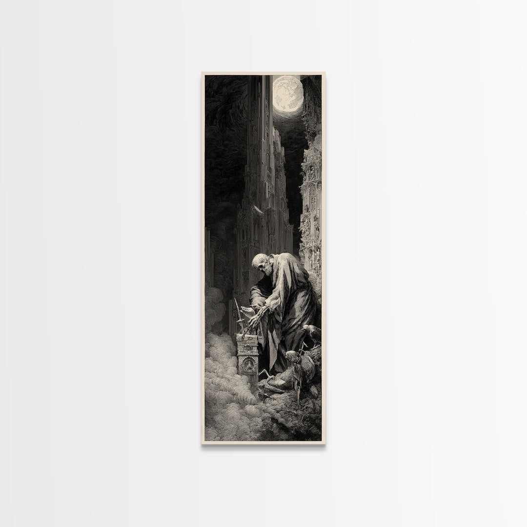 The Bone Sculptor, Gothic Engraving Art, Tall Narrow Wall Art, Dark Fantasy Wall Art, Framed Canvas Print, Halloween Wall Art