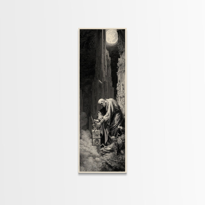 The Bone Sculptor, Gothic Engraving Art, Tall Narrow Wall Art, Dark Fantasy Wall Art, Framed Canvas Print, Halloween Wall Art