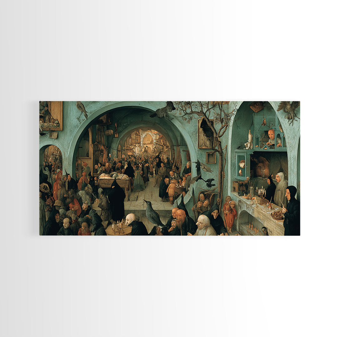 The Dream Eater, Northern Renaissance Horror, Wide Panoramic Art, Dark Halloween Decor, Framed Canvas Print, Halloween Wall Art