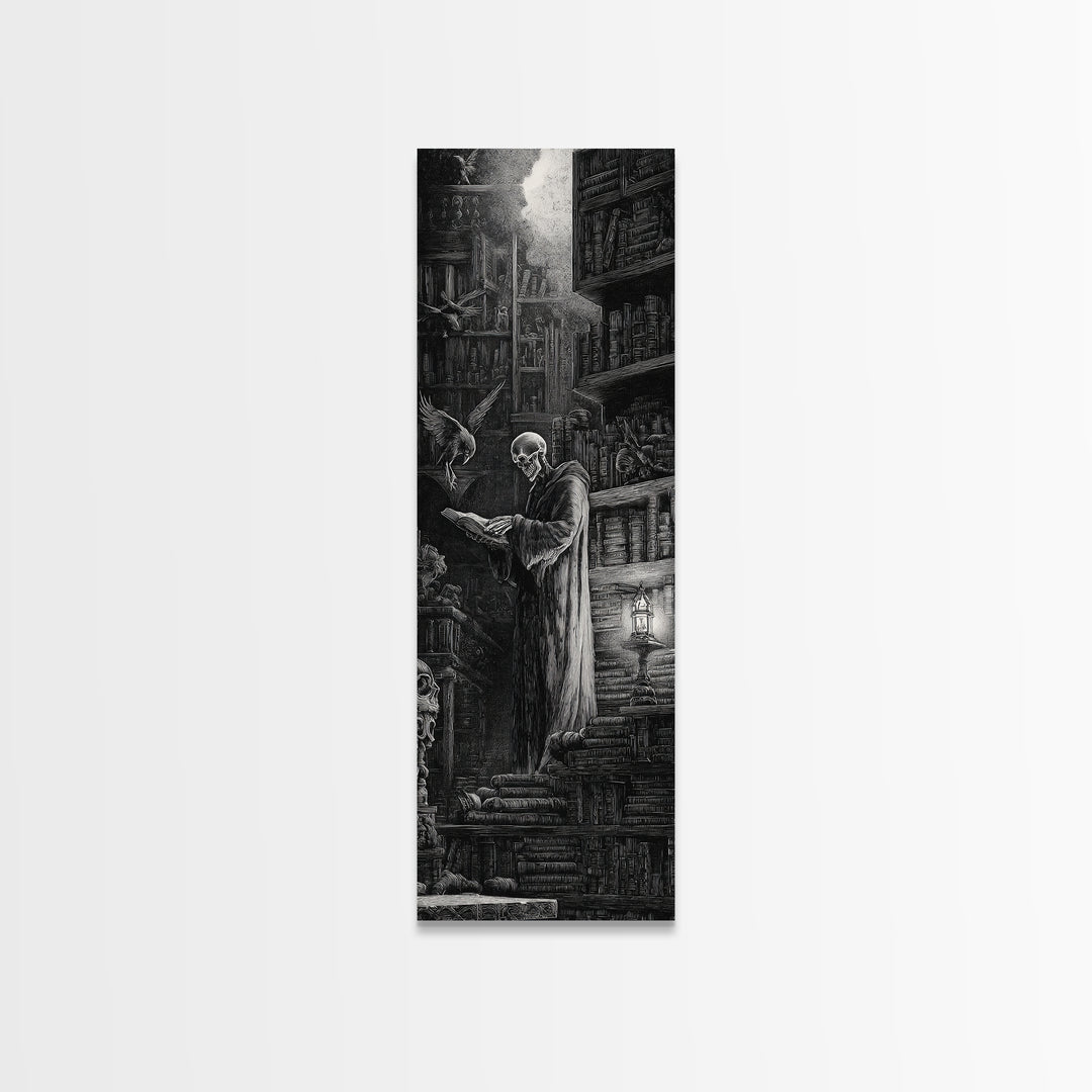 The Crypt Librarian, Gothic Engraving Art, Tall Narrow Wall Art, Gothic Horror Wall Art, Canvas Print, Halloween Wall Art