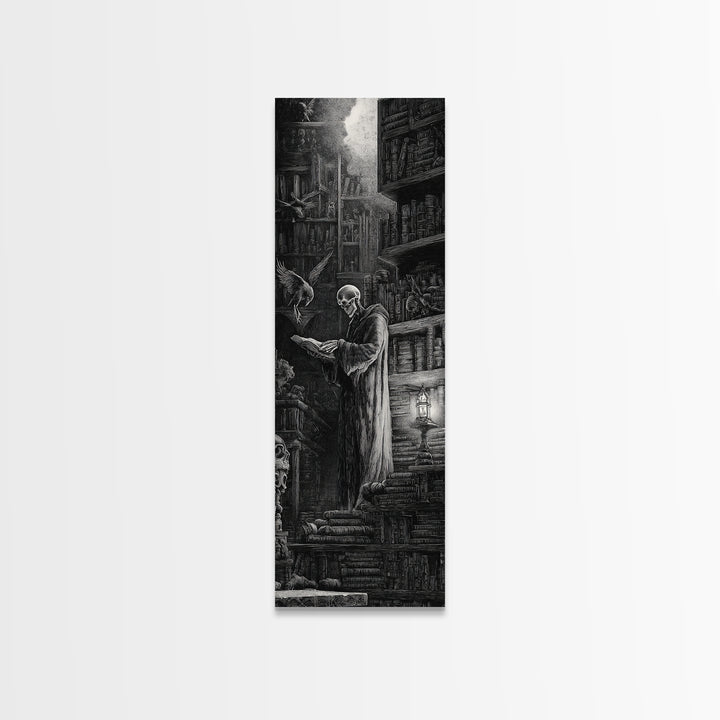 The Crypt Librarian, Gothic Engraving Art, Tall Narrow Wall Art, Gothic Horror Wall Art, Canvas Print, Halloween Wall Art
