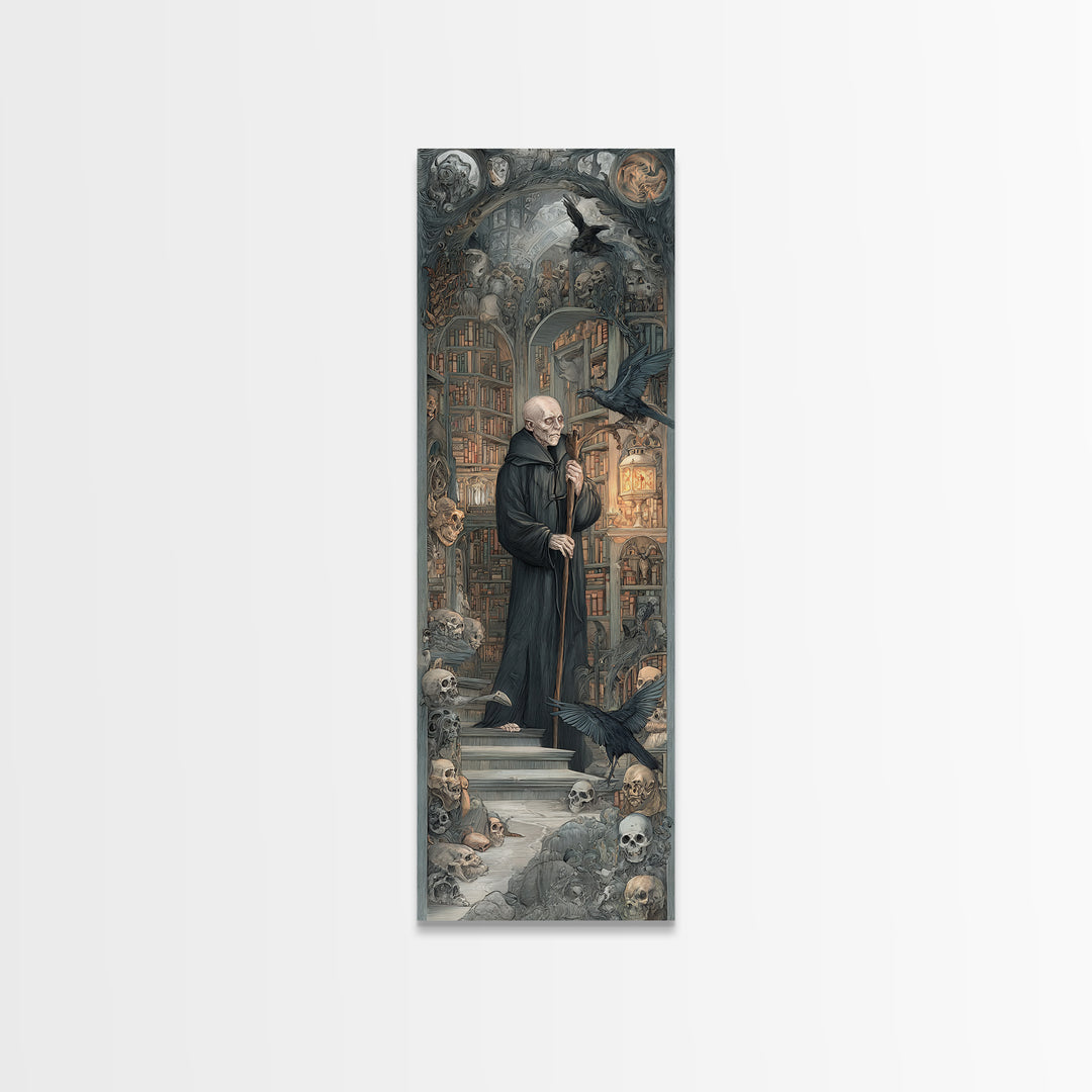 The Crypt Librarian, Medieval Grotesque Art, Tall Narrow Wall Art, Gothic Horror Wall Art, Framed Canvas Print, Halloween Wall Art