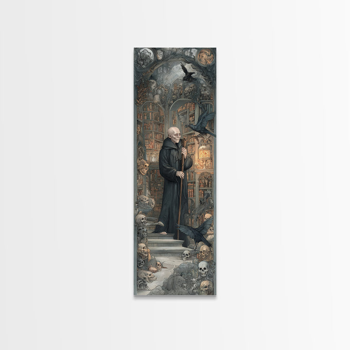 The Crypt Librarian, Medieval Grotesque Art, Tall Narrow Wall Art, Gothic Horror Wall Art, Framed Canvas Print, Halloween Wall Art