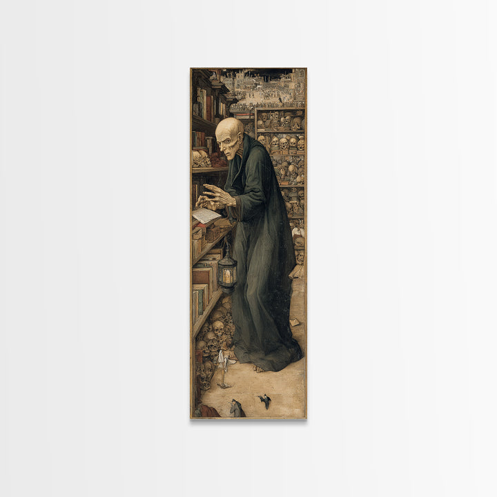 The Crypt Librarian, Northern Renaissance Horror, Tall Narrow Wall Art, Dark Fantasy Wall Art, Canvas Print, Halloween Wall Art