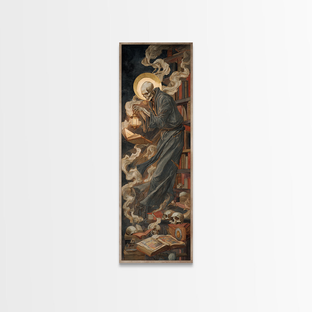 The Crypt Librarian, Dark Renaissance Art, Tall Narrow Wall Art, Dark Halloween Decor, Canvas Print, Halloween Wall Art