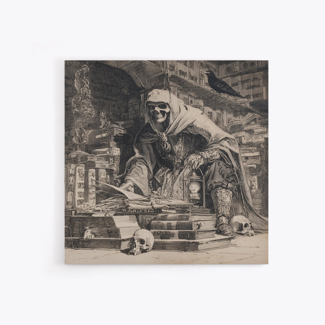 The Crypt Librarian, Renaissance Engraving Art, Square Wall Art, Dark Halloween Decor, Framed Canvas Print, Halloween Wall Art