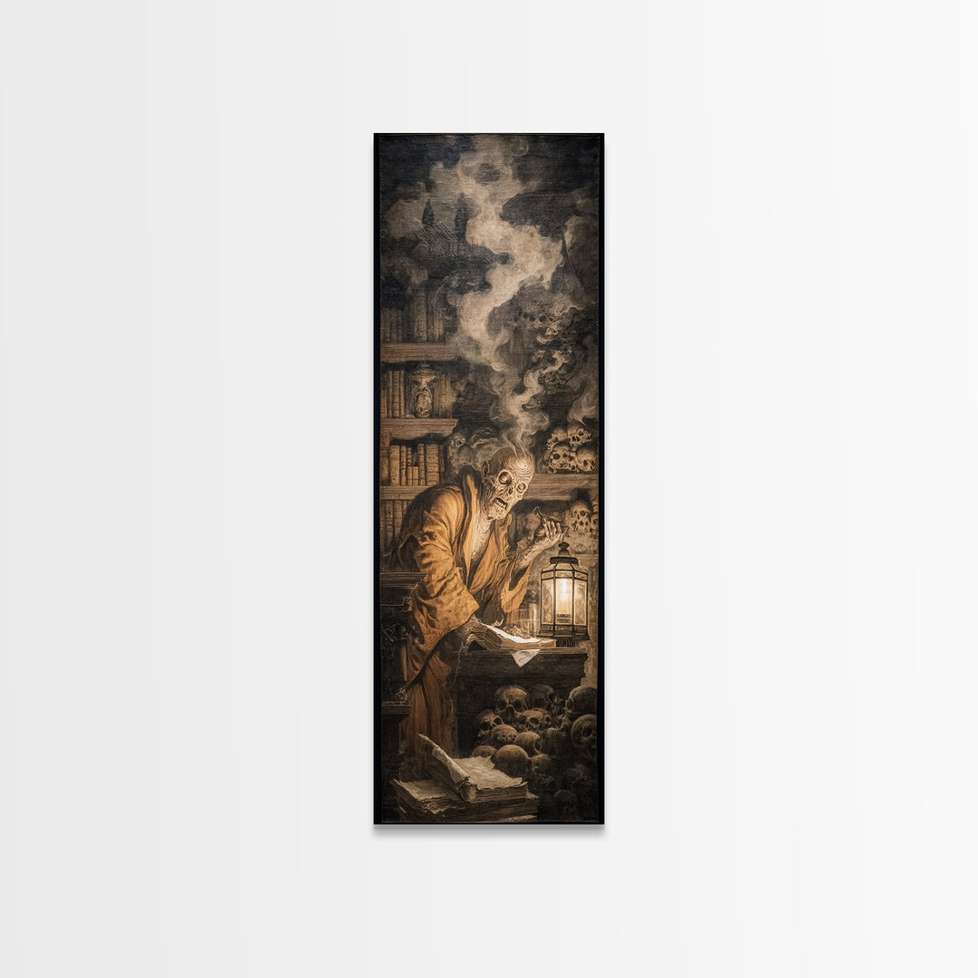 The Crypt Librarian, Baroque Witchcraft Art, Tall Narrow Wall Art, Macabre Wall Art, Canvas Print, Halloween Wall Art
