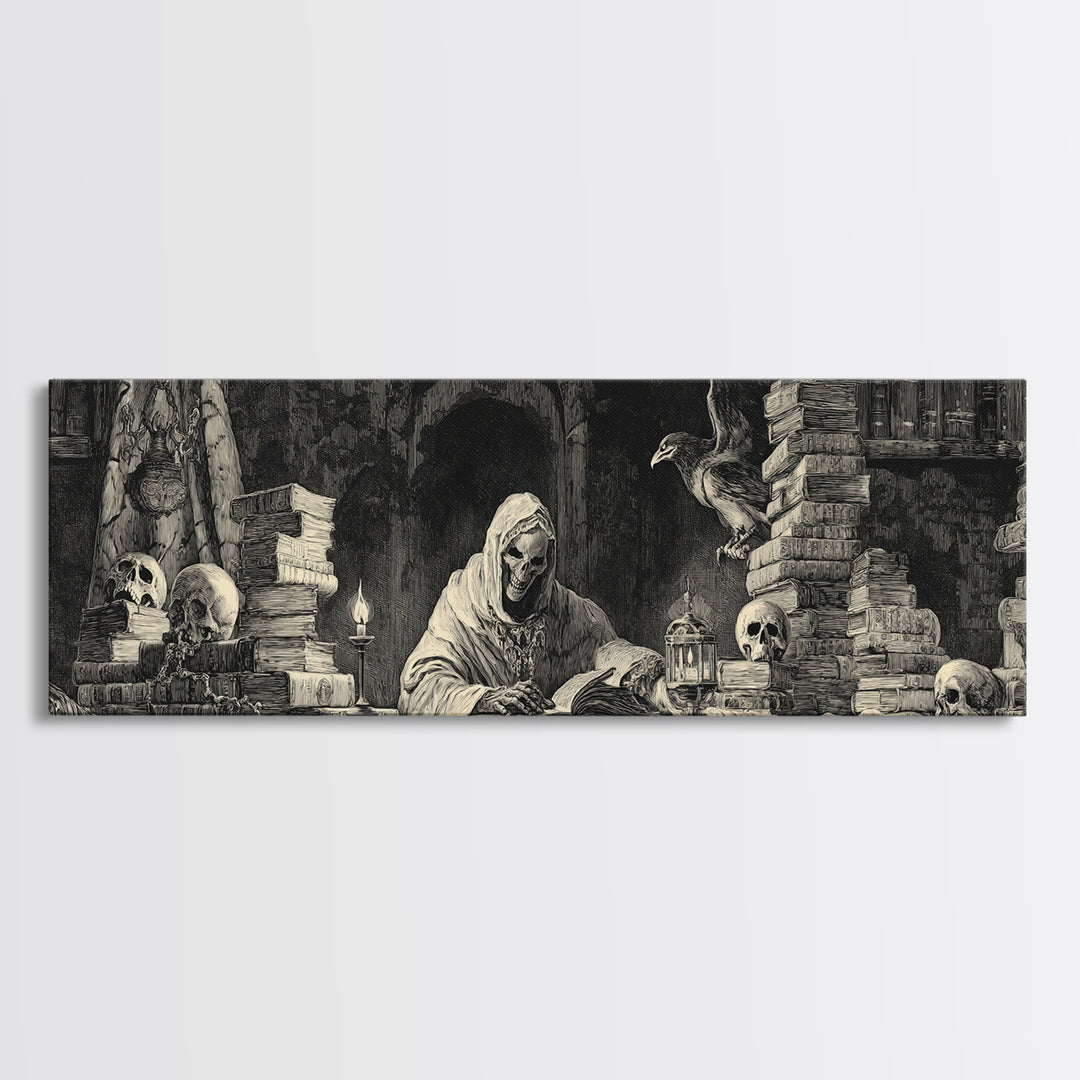 The Crypt Librarian, Dark Romantic Horror Art, Extra Wide Wall Art, Macabre Wall Art, Framed Canvas Print, Halloween Wall Art