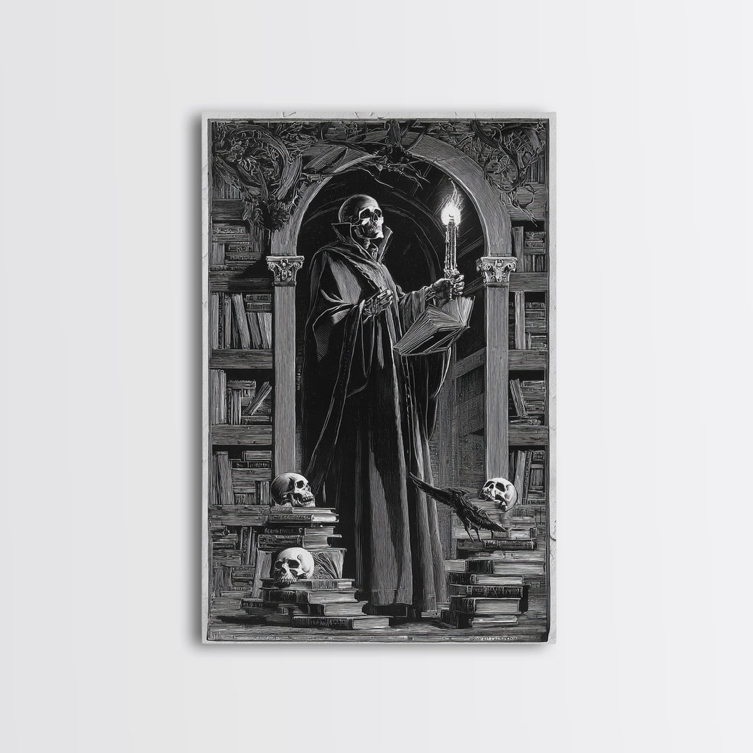 The Crypt Librarian, Symbolist Etching Art, Vertical Wall Art, Gothic Horror Wall Art, Framed Canvas Print, Halloween Wall Art