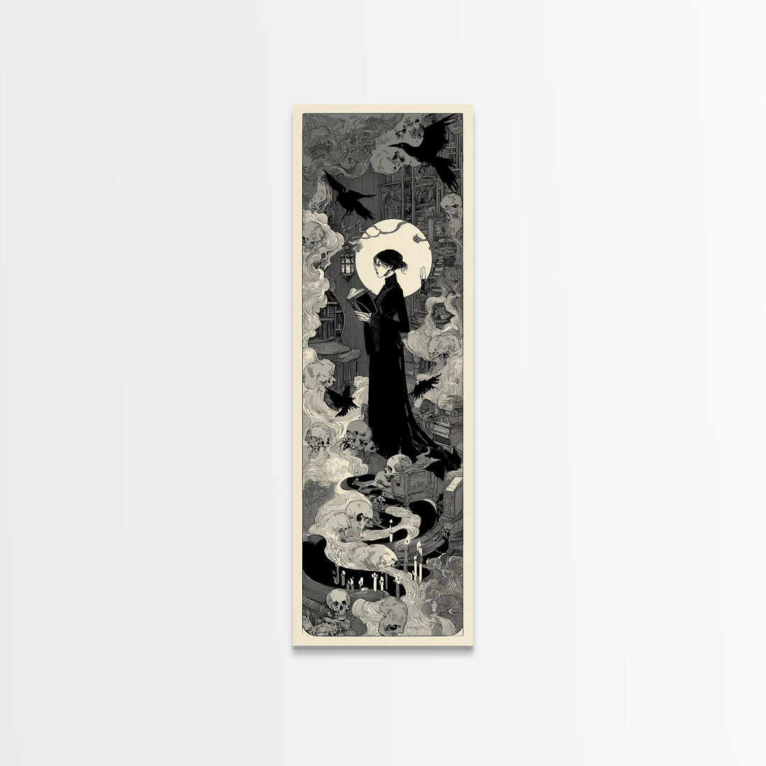 The Crypt Librarian, Decadent Line Art, Tall Narrow Wall Art, Dark Fantasy Wall Art, Framed Canvas Print, Halloween Wall Art
