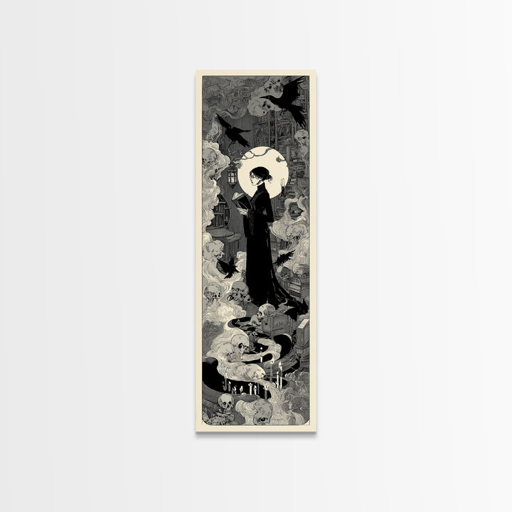 The Crypt Librarian, Decadent Line Art, Tall Narrow Wall Art, Dark Fantasy Wall Art, Framed Canvas Print, Halloween Wall Art