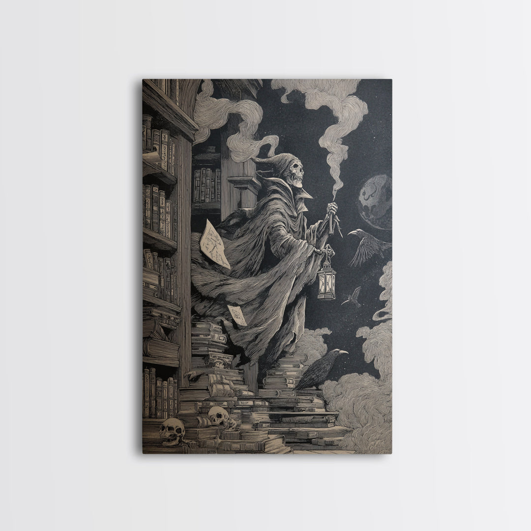 The Crypt Librarian, Victorian Macabre Art, Vertical Wall Art, Dark Halloween Decor, Framed Canvas Print, Halloween Wall Art