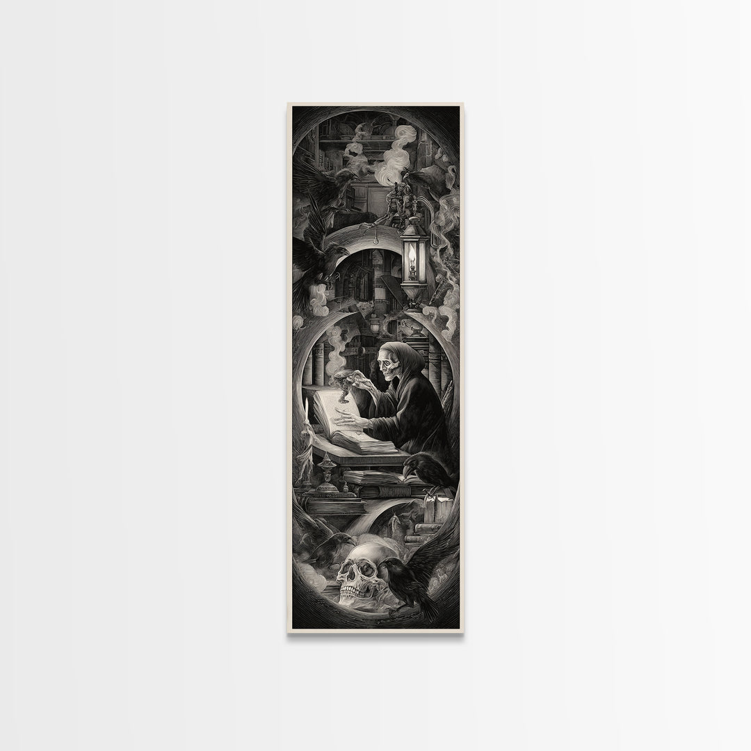 The Crypt Librarian, Biomechanical Horror Art, Tall Narrow Wall Art, Macabre Wall Art, Framed Canvas Print, Halloween Wall Art